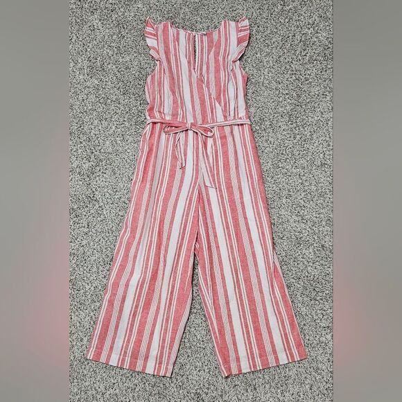 Old Navy Linen Cropped Romper Women’s Med Red White Striped Ruffle Jumper EUC - Picture 2 of 14